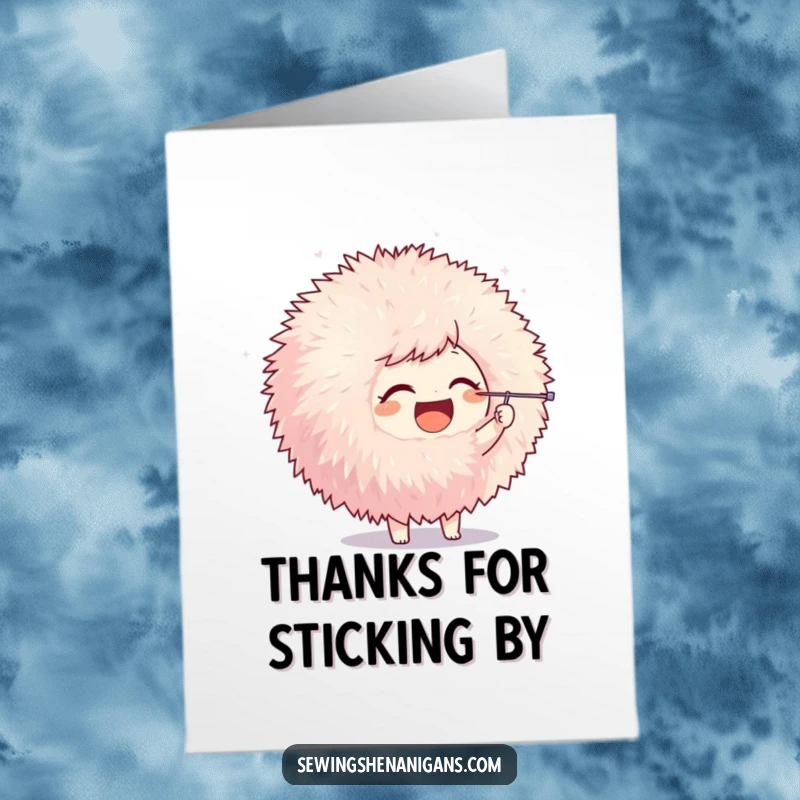 Funny Free Printable Thank You Card: Joyful character playfully poking a giant pom-pom with a needle, a cute thank you.