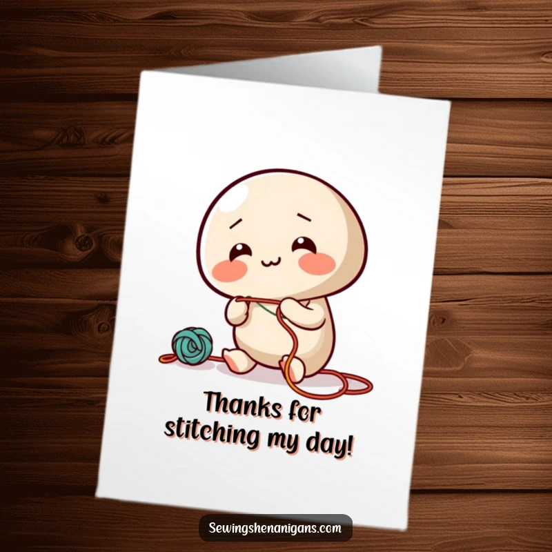 Funny Free Printable Thank You Card with a giggling needle character sewing colorful thread, expressing heartfelt thanks.