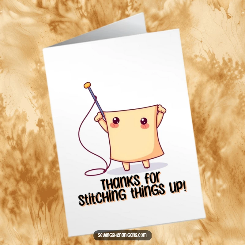 Funny Free Printable Thank You Card with a cute needle character succeeding at threading massive fabric, showing gratitude.