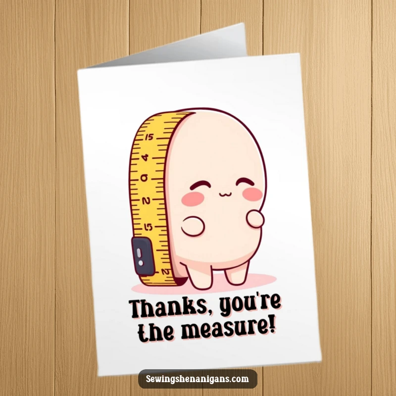 Funny Free Printable Thank You Card: A measuring tape humorously tries to measure its own short length, offering a quaint and funny thank you.