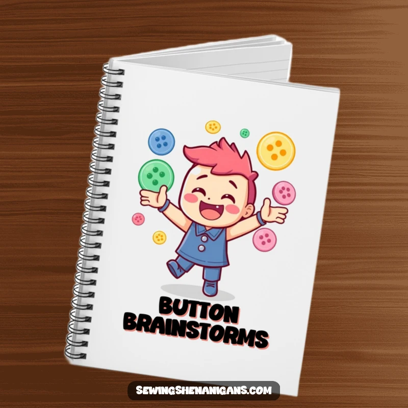 Funny notebook with a cheerful character energetically juggling a pile of colorful sewing buttons, ideal for notes and sketches.