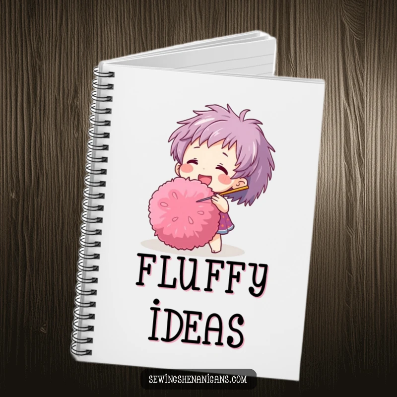 Funny notebook with a cheerful character playfully poking a large pom-pom with a needle, great for notes and sketches.