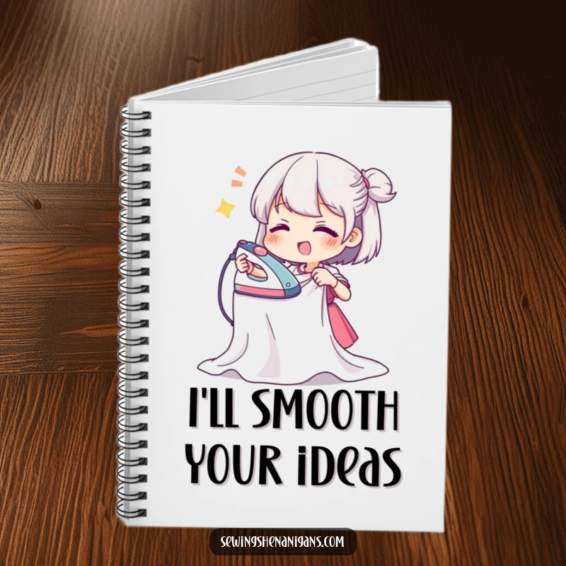 Funny notebook with a character ironing wavy fabric, perfect for jotting down notes with a humorous and dedicated spirit.
