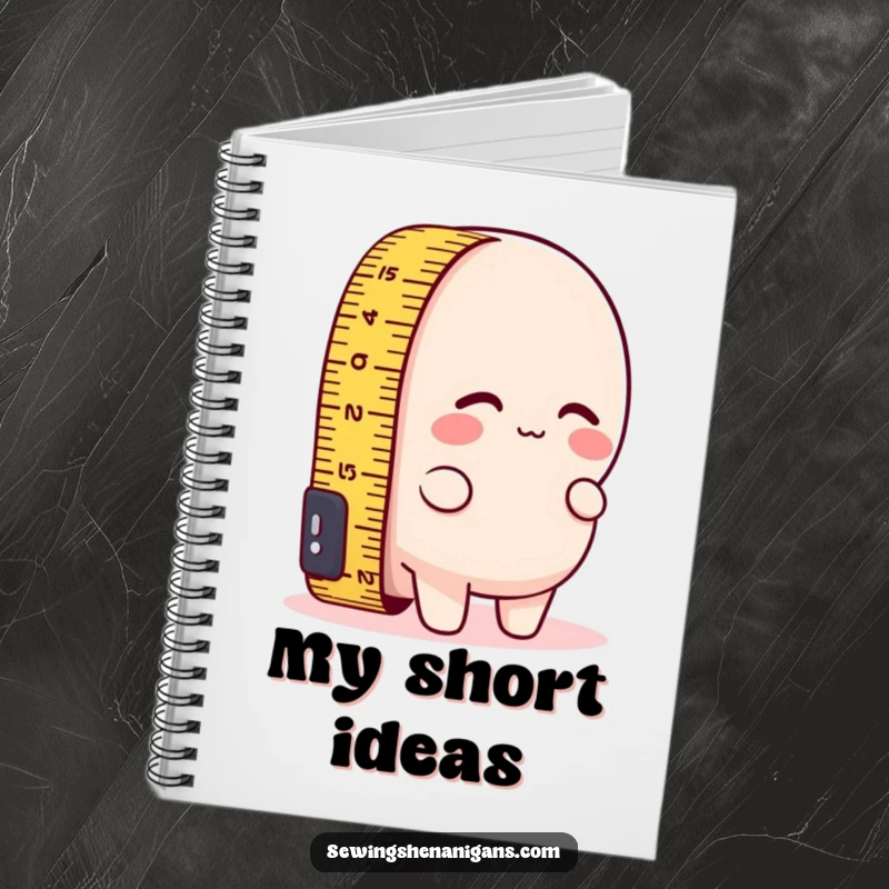 Funny notebook cover with a measuring tape character comically attempting to measure its own short length, perfect for humorous note-taking.