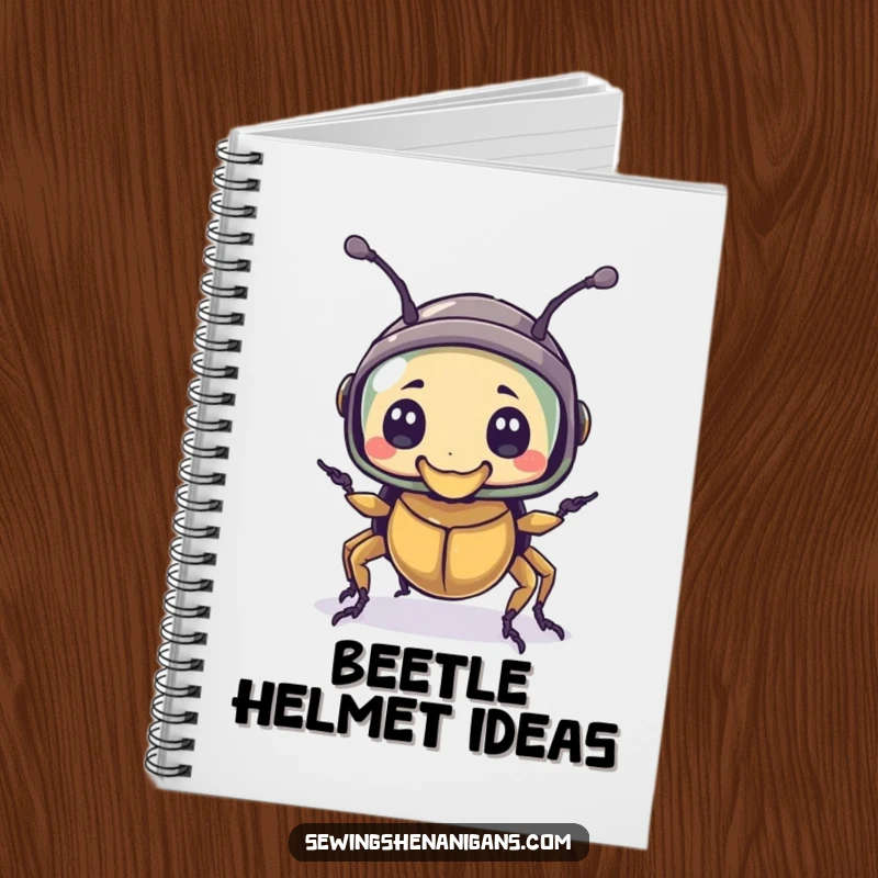 Funny notebook cover with a bewildered beetle character wearing a thimble as a helmet, perfect for jotting down securely and humorously.