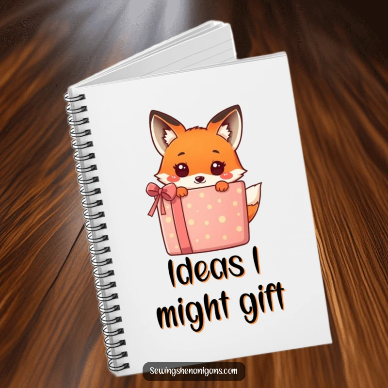 Funny kawaii fox peeking from behind a large, colorful gift, a humorous and cute design on this notebook, perfect for jotting notes.