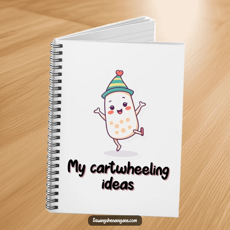 Funny thimble character notebook doing a cartwheel, perfect for jotting notes and as a creative funny gift.
