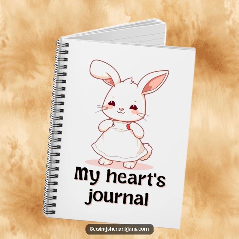Funny playful bunny wearing a cute apron, stitching a tiny heart, a cute and humorous notebook for jotting ideas.