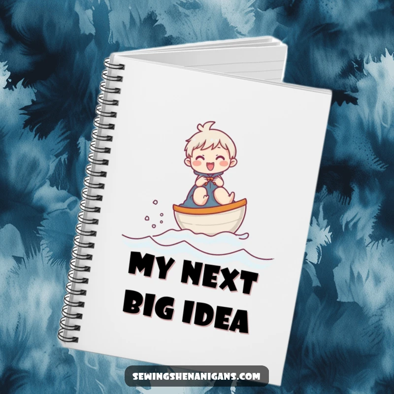 Funny notebook with a giggling character on a thimble boat, perfect for capturing notes and creative ideas with humor.