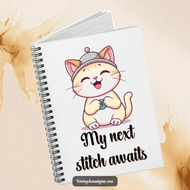 Funny cat wearing a thimble hat sewing a button, a cute and humorous notebook for jotting down thoughts.