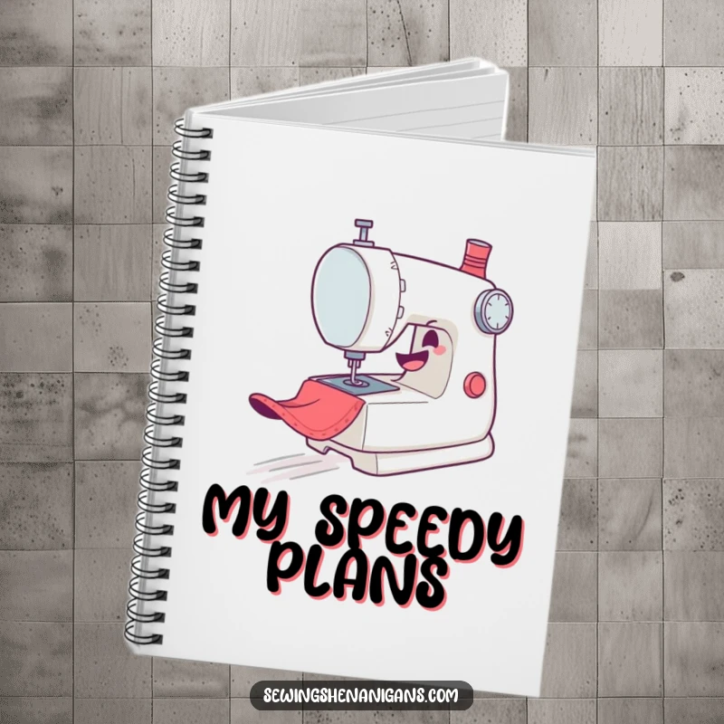 Funny Notebook: A mischievous sewing machine character gleefully zooms across fabric, ideal for capturing sewing projects and ideas.