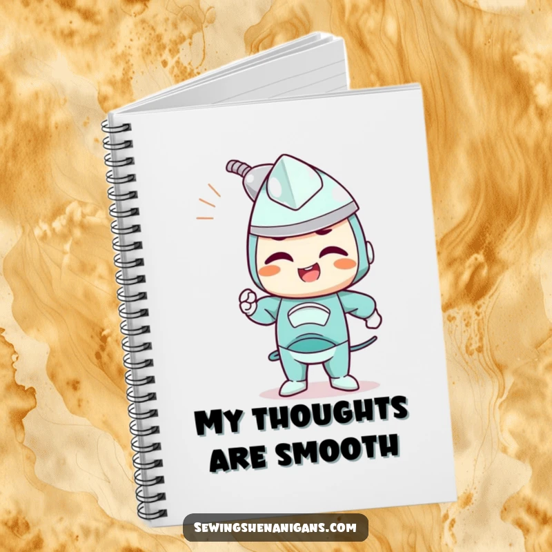 Funny notebook with a determined iron character joyfully smoothing out wrinkles, perfect for organizing thoughts.