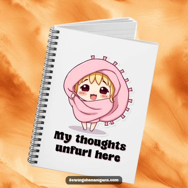 Funny notebook with a curious fabric swatch character excitedly unfurling, ideal for capturing creative ideas.