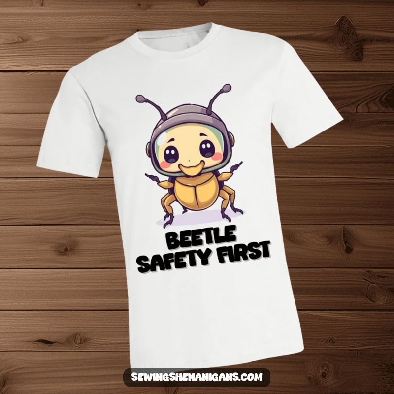 Funny t-shirt depicting a bewildered beetle character wearing a thimble as a helmet, showcasing comical preparedness.