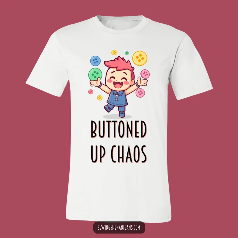 Funny Button Juggling T-Shirt: Energetic Character Tee for Sewing Fans