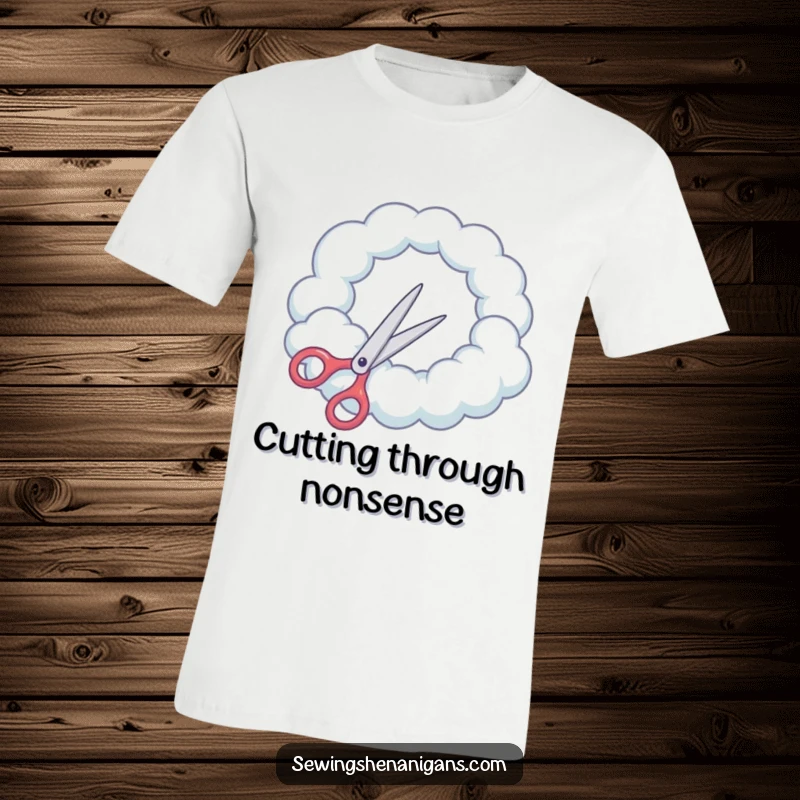 Funny T-Shirt: Scissors try to cut a perfectly round hole in a cloud, a humorous and surreal crafting image.
