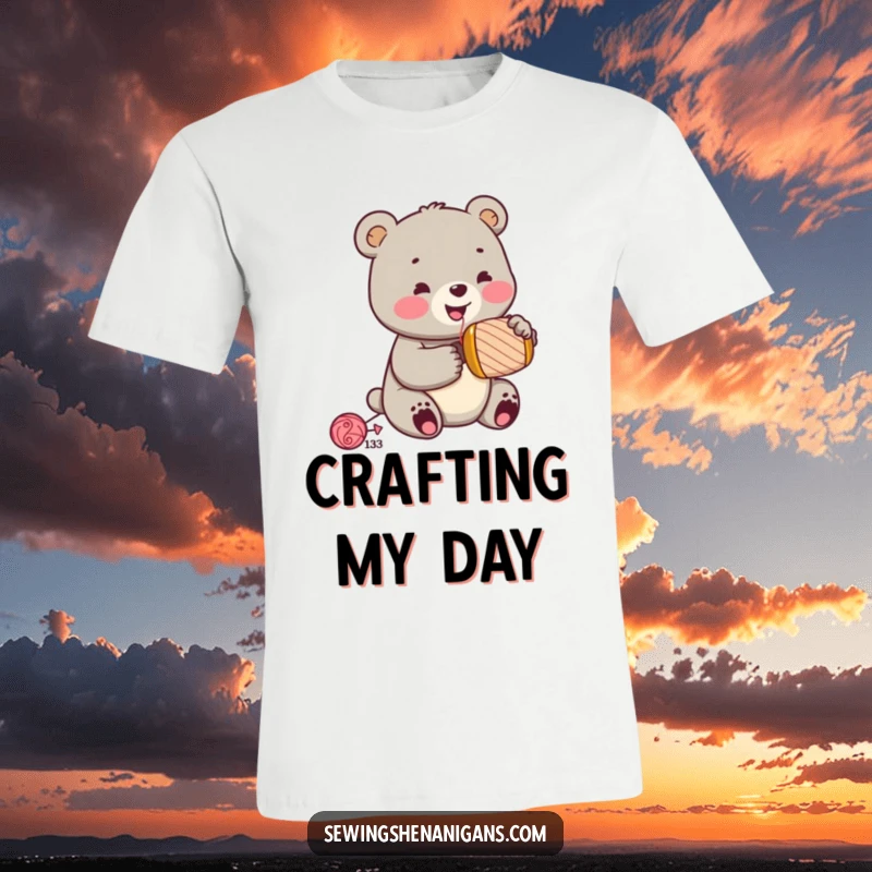 Funny jolly bear cub with sewing thimble, hammering a spool, depicted on a t-shirt, a fun and industrious funny gift.