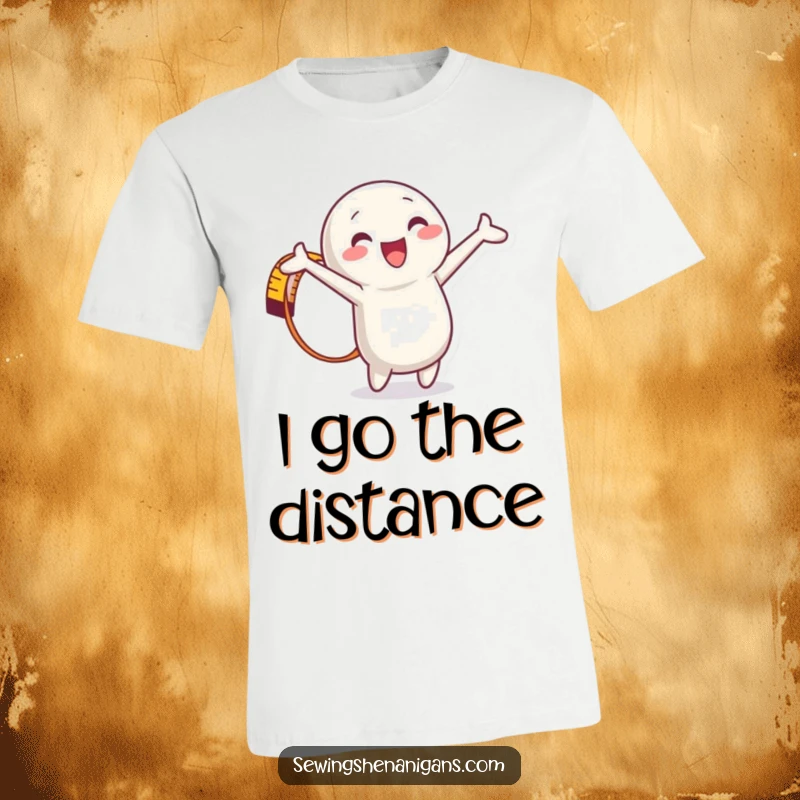 Funny Measuring Tape T-Shirt featuring a happy character fully stretched out, illustrating the fun of sewing and crafting.