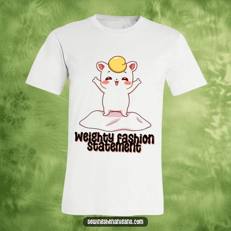 Funny Pattern Weight T-Shirt with a whimsical character dramatically posing atop a piece of cloth, celebrating sewing and style.