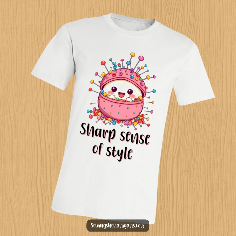 Funny Pincushion T-Shirt featuring a cute character overflowing with brightly colored pins, showcasing a playful sewing theme.