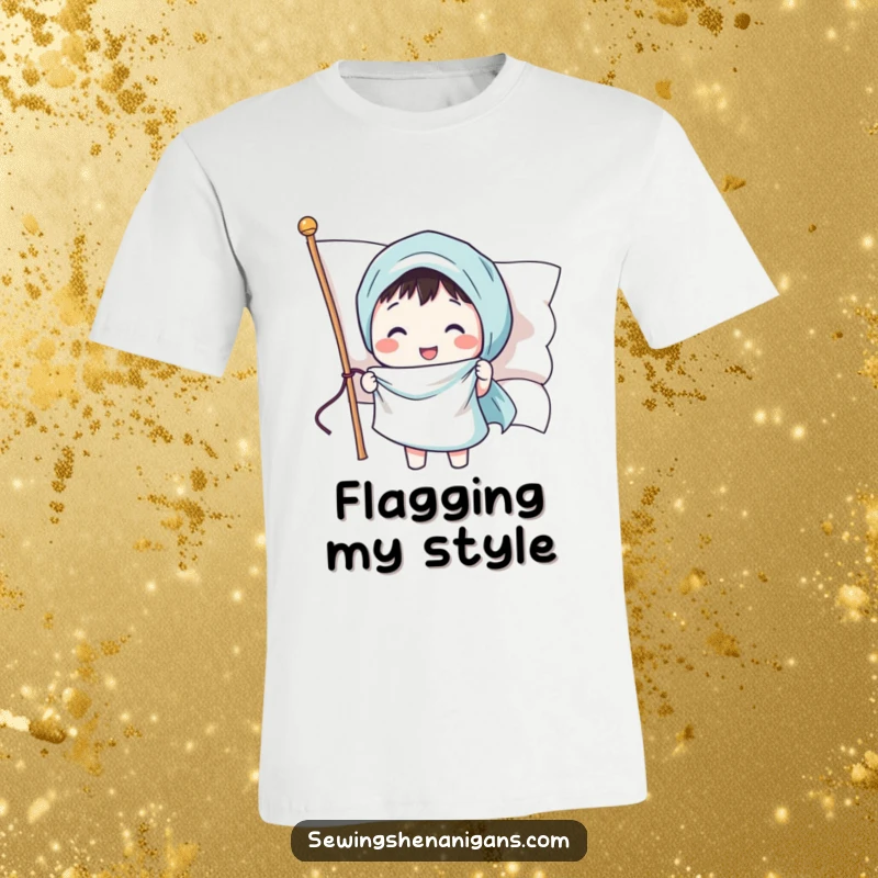 Funny t-shirt featuring a happy character sewing a smiling face onto a proudly waving flag, a humorous patriotic design.