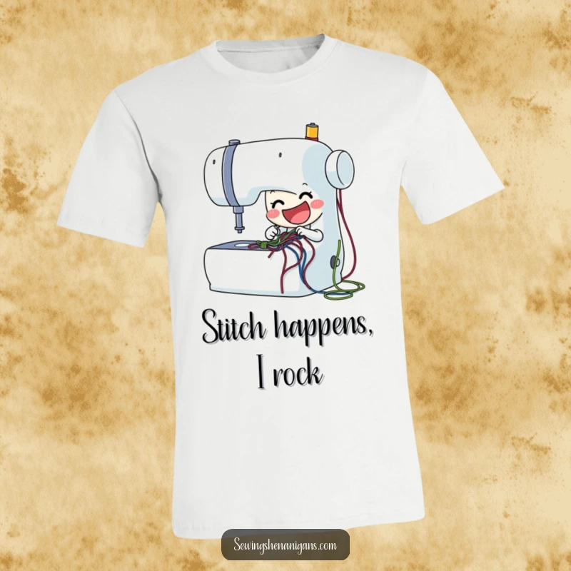 Funny sewing machine t-shirt with a delighted character stitching colorful threads, perfect for crafters seeking humorous apparel and funny gifts.