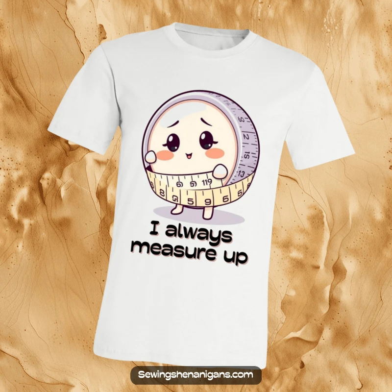 Funny T-Shirt: A round measuring tape character comically hugging a bewildered button, ideal for crafters and tailors.
