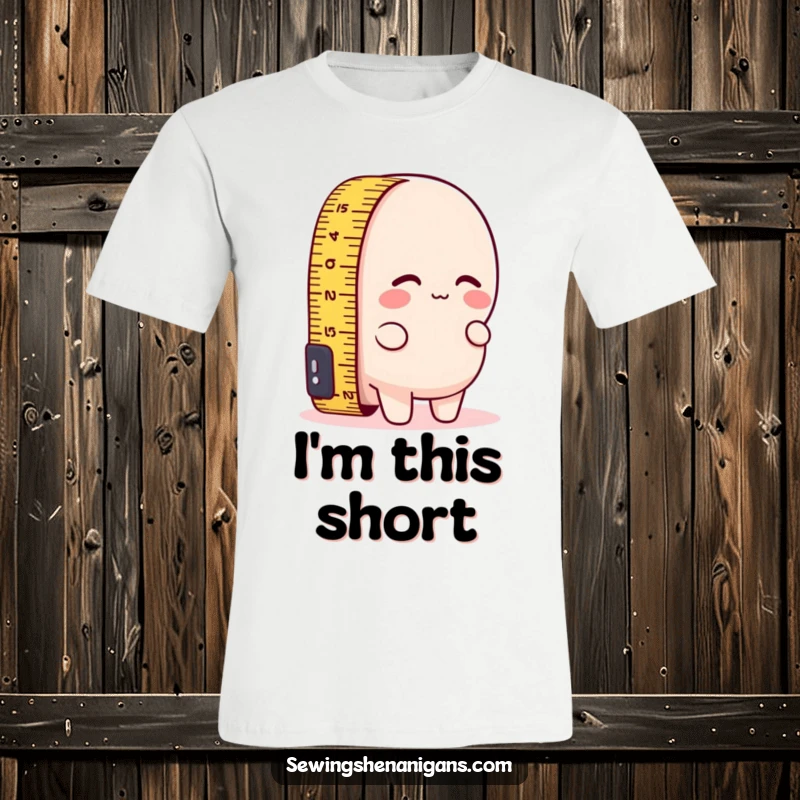 Funny t-shirt depicting a measuring tape character comically attempting to measure its own short length, highlighting a humorous struggle.