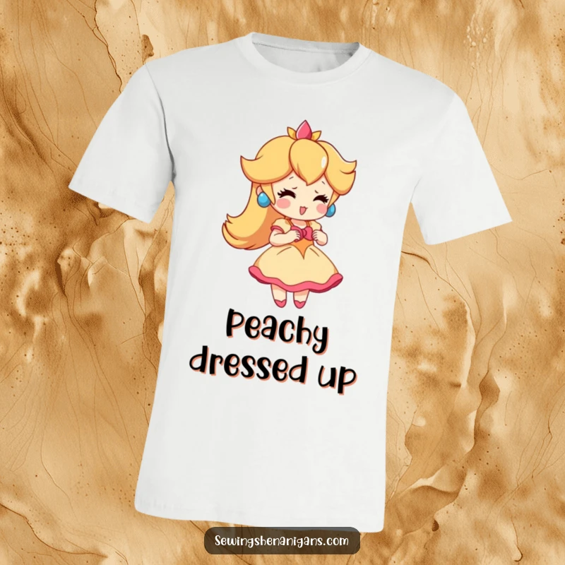 Funny Peach Dress T-Shirt: A playful peach character trying on a small dress with enthusiasm, ideal for a funny and cute gift.