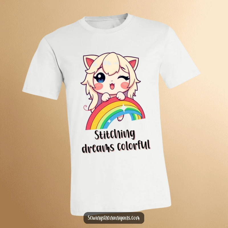 Funny t-shirt graphic of a happy character sewing a vibrant rainbow with a luminous, glowing thread.