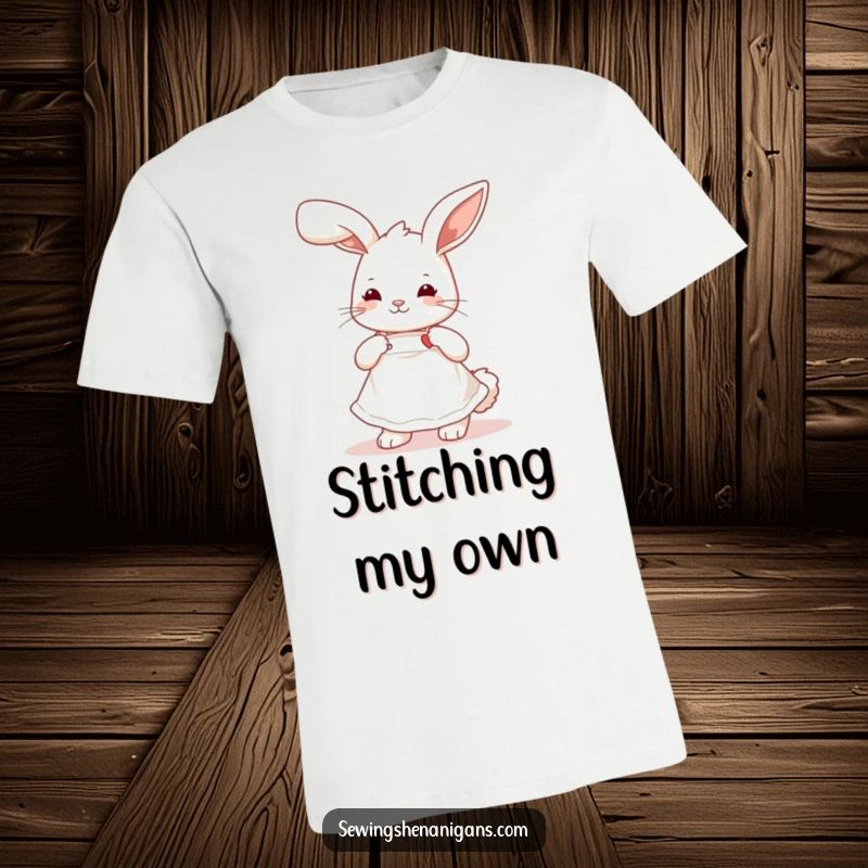 Funny playful bunny wearing a cute apron, stitching a tiny heart, a humorous and charming t-shirt design.