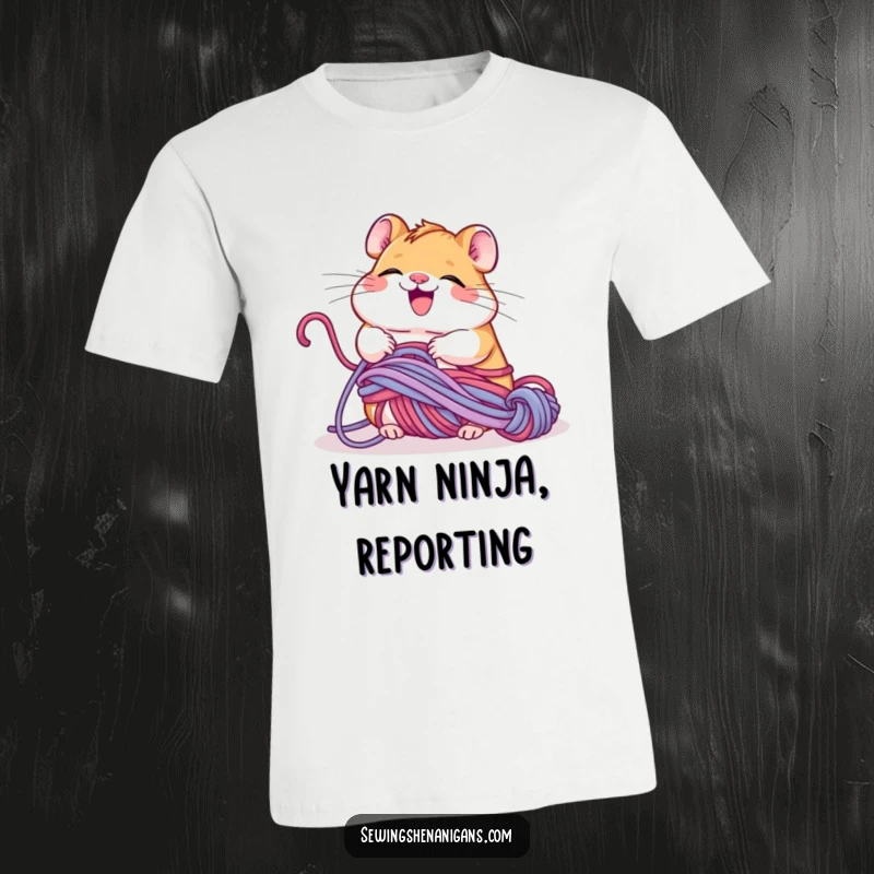 Funny giggling hamster tangled in yarn, happily unravelling it, a humorous t-shirt for knitters and crafters.