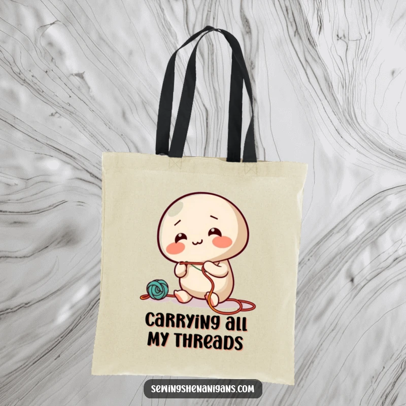 Funny tote bag featuring a giggling needle character enthusiastically threading colorful string, ideal for carrying supplies.