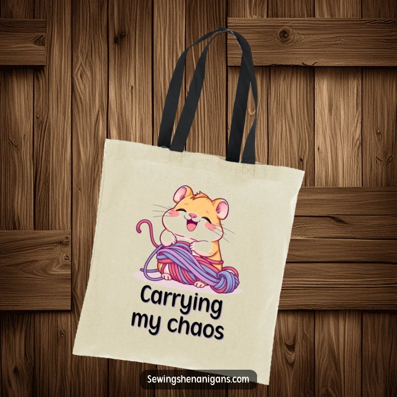 Funny giggling hamster tangled in yarn, happily unravelling it, a practical and humorous tote bag for knitters.