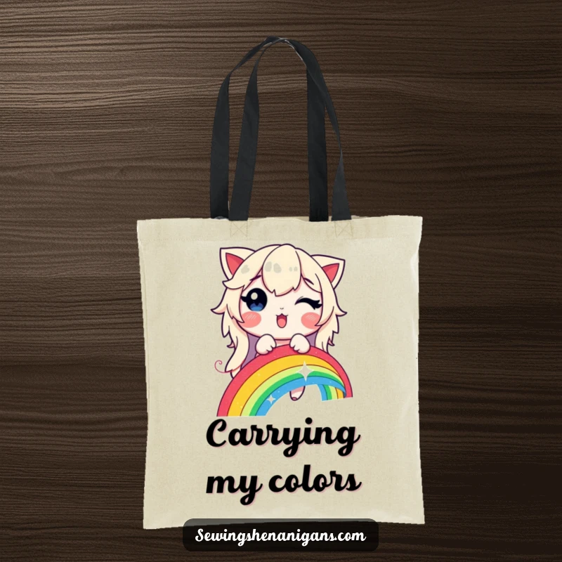 Funny tote bag showcasing a delighted character sewing a radiant rainbow with a magical, glowing thread.