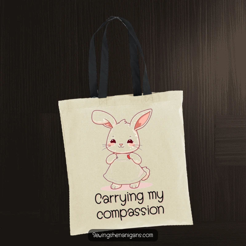 Funny playful bunny wearing a cute apron, stitching a tiny heart, a practical and humorous tote bag.