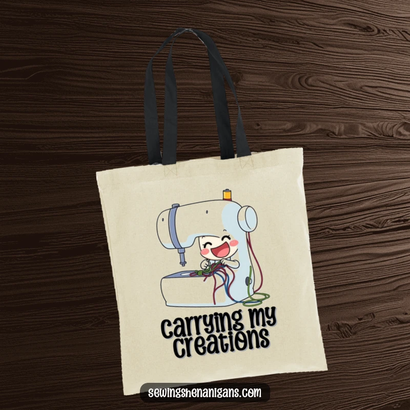 Funny sewing machine tote bag with a delighted character stitching, perfect for carrying crafting supplies with humor and as a funny gift.