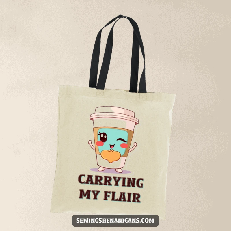 Funny Winking Coffee Cup Tote Bag: A winking coffee cup character displaying a colorful patch, great for a funny and practical gift.