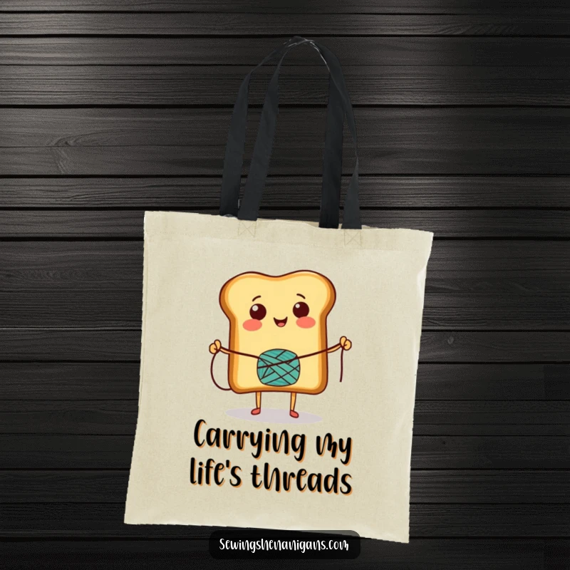 Funny Tote Bag displaying a smiling toast character actively skipping rope with a thread spool, perfect for daily use and brightens moods.