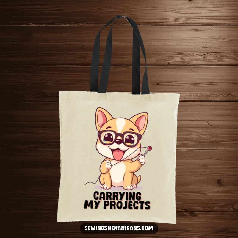 Funny dog wearing glasses, struggling to thread a giant needle, a practical and humorous tote bag.