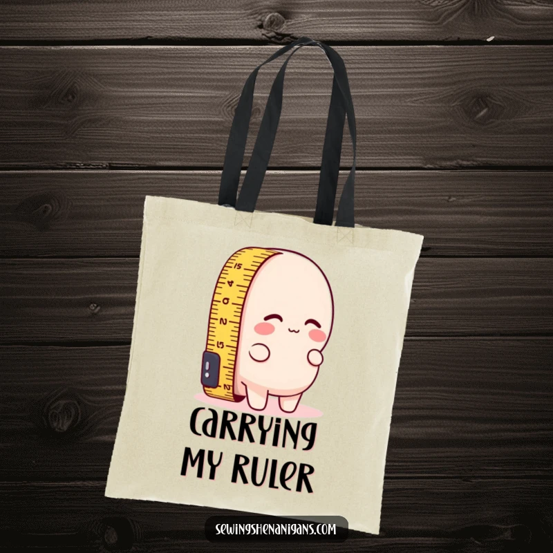 Funny tote bag with a measuring tape character comically attempting to measure its own short length, a charming and humorous accessory.