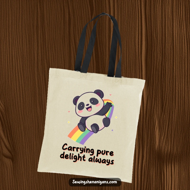 Funny Kawaii Panda tote bag showcasing a happy panda sliding down a vibrant rainbow, ready for adventure.