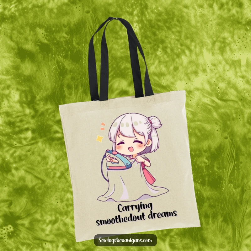 Funny tote bag featuring a character gleefully ironing a crinkled cloth, showcasing ironing passion, perfect for carrying daily items.