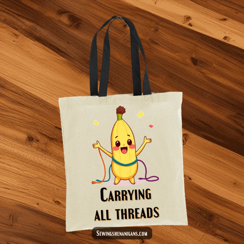 Funny Tote Bag: A curious banana character joyfully juggling colorful threads, perfect for carrying essentials with a whimsical touch.
