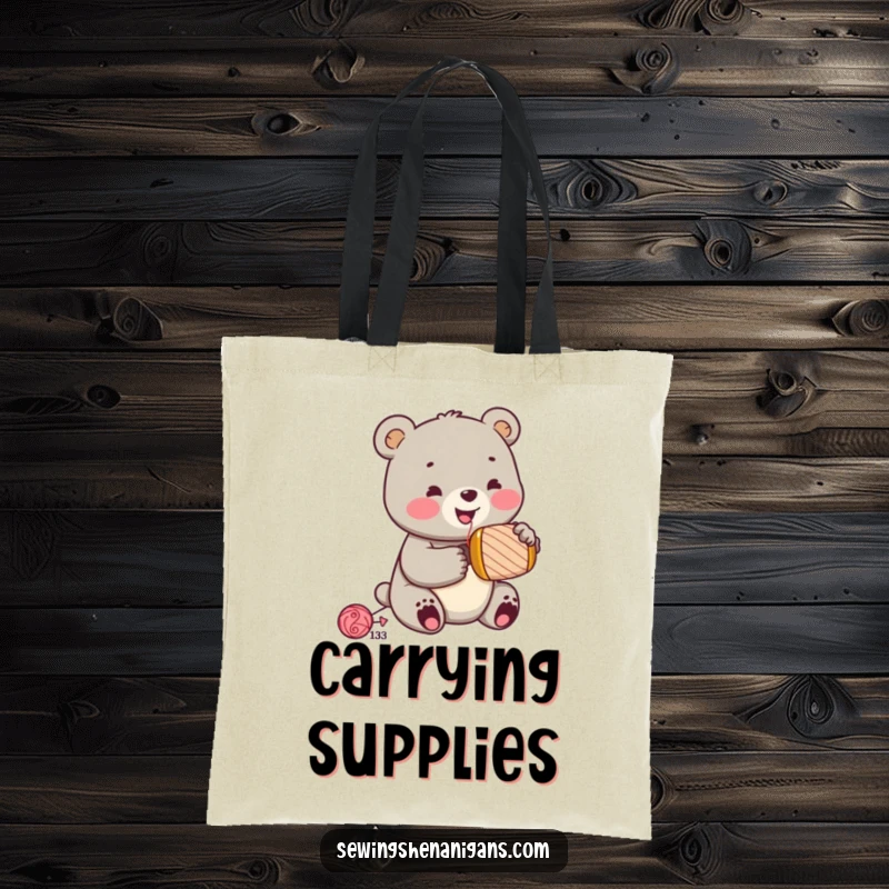 Funny jolly bear cub with sewing thimble, hammering a spool, depicted on a tote bag, a practical funny gift.