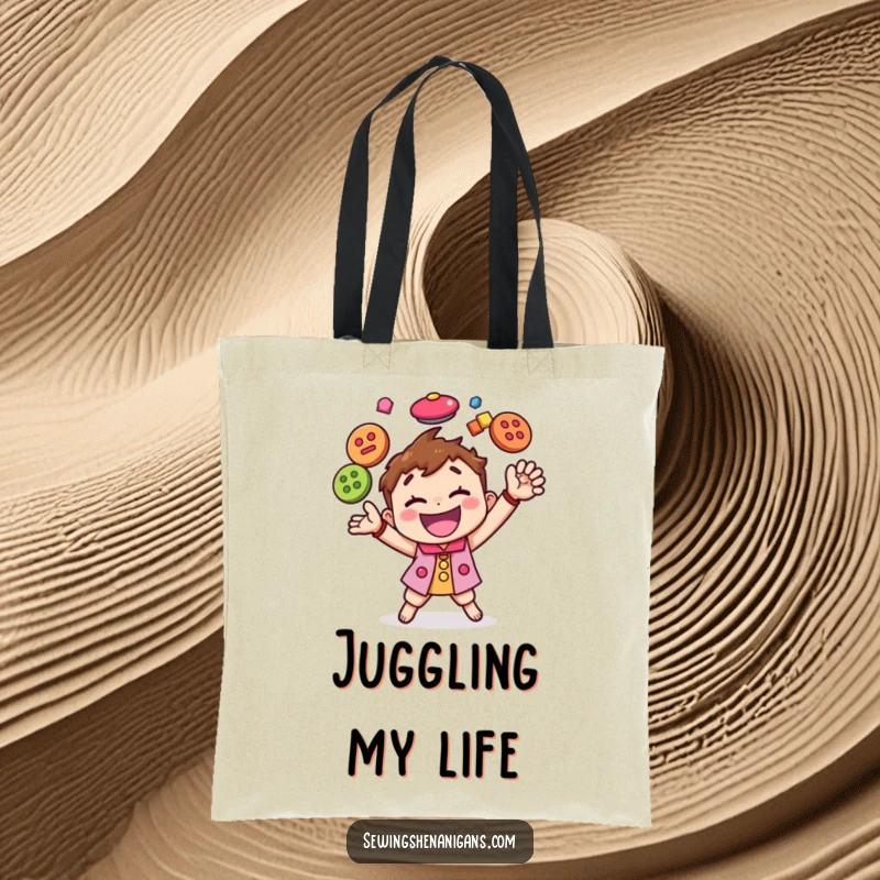 Funny tote bag showcasing a happy character juggling colorful buttons with skill, perfect for carrying supplies with a humorous twist.