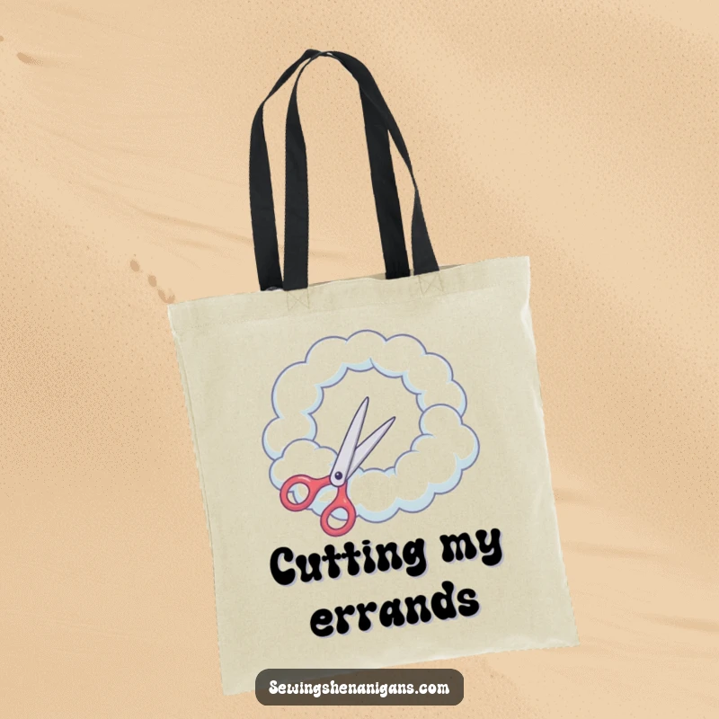 Funny Tote Bag: Scissors attempt to cut a round hole in a cloud, a humorous and whimsical accessory.