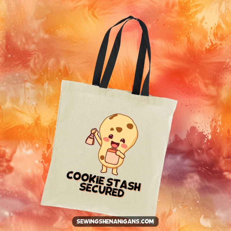 Funny Tote Bag: A joyful cookie character proudly holding a tiny bag, perfect for carrying essentials with a celebratory touch.