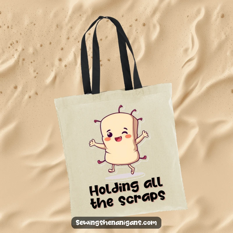 Funny Fabric Scrap Tote Bag with a determined character performing a triumphant jig, ideal for carrying sewing supplies and celebrating projects.