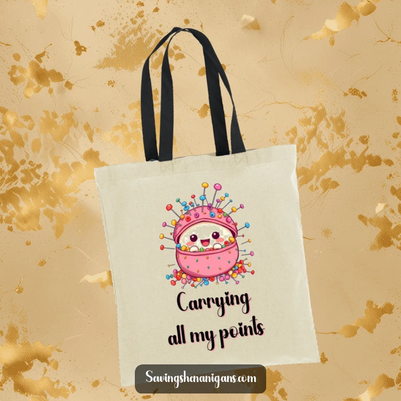 Funny Pincushion Tote Bag design showcasing a cute character loaded with colorful pins, ideal for carrying fabric and sewing tools.